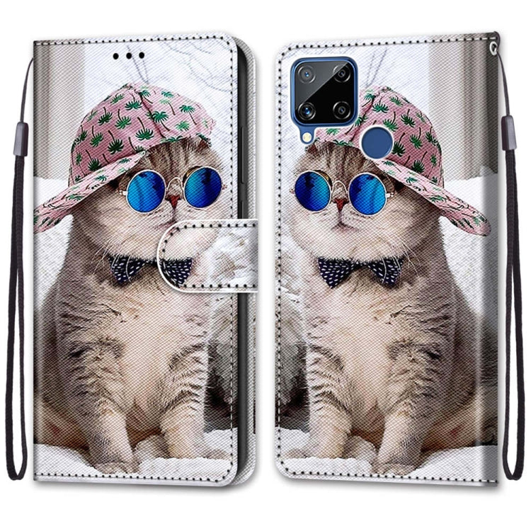 For OPPO Realme C15 / C12 / C25 / 7i (Global) / Narzo 20 / 30A Coloured Drawing Cross Texture Horizontal Flip PU Leather Case with Holder & Card Slots & Wallet & Lanyard(Slant Hat Blue Mirror Cat) - Realme Cases by buy2fix | Online Shopping UK | buy2fix