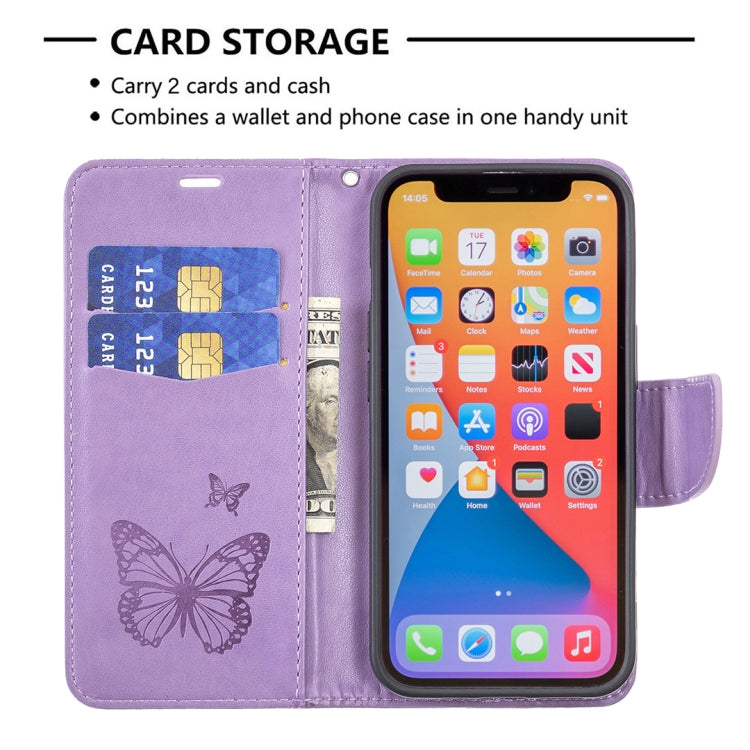 For iPhone 13 mini Embossing Two Butterflies Pattern Horizontal Flip PU Leather Case with Holder & Card Slot & Wallet & Lanyard (Purple) - iPhone 13 mini Cases by buy2fix | Online Shopping UK | buy2fix