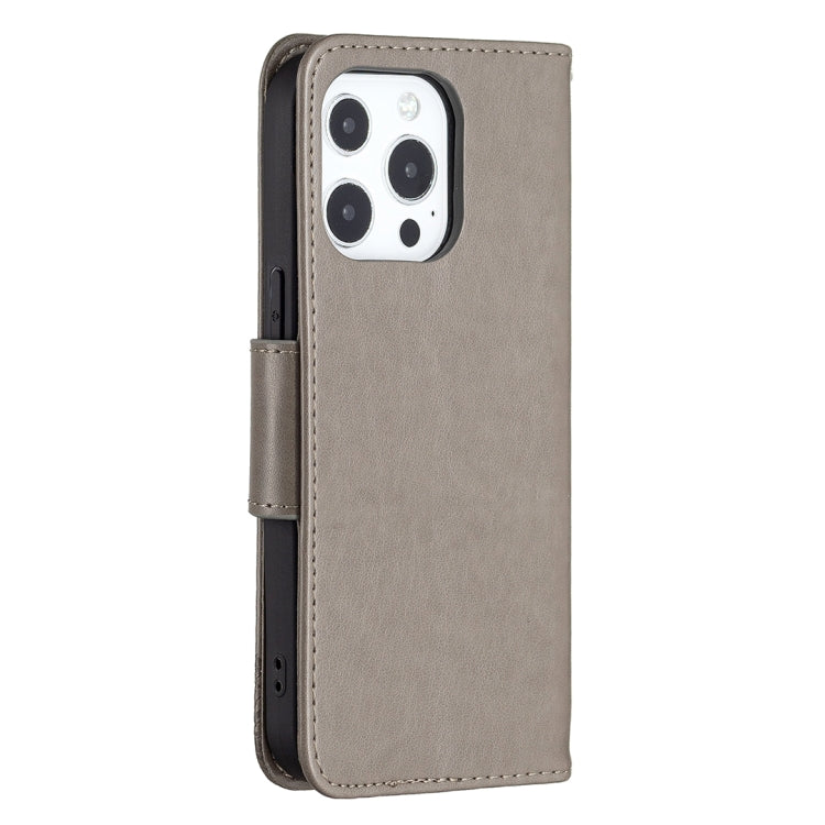 For iPhone 13 Pro Max Embossing Two Butterflies Pattern Horizontal Flip PU Leather Case with Holder & Card Slot & Wallet & Lanyard (Grey) - iPhone 13 Pro Max Cases by buy2fix | Online Shopping UK | buy2fix