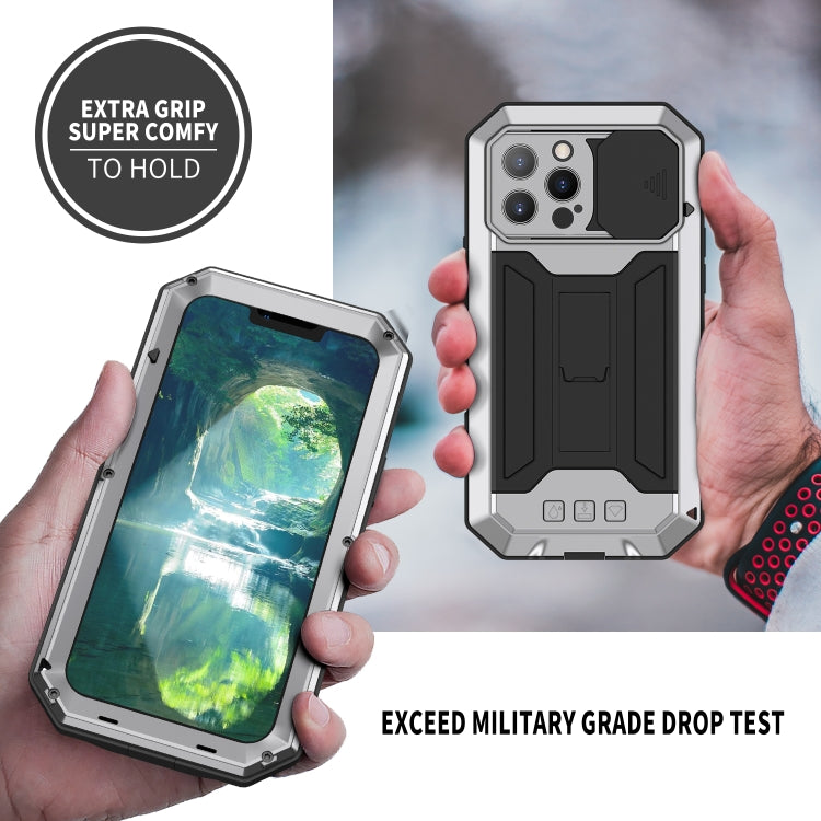 For iPhone 13 Pro Max R-JUST Sliding Camera Shockproof Life Waterproof Dust-proof Metal + Silicone Protective Case with Holder (Silver) - iPhone 13 Pro Max Cases by R-JUST | Online Shopping UK | buy2fix