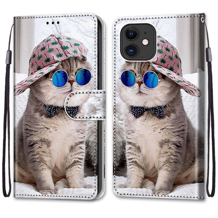 For iPhone 13 mini Coloured Drawing Cross Texture Horizontal Flip PU Leather Case with Holder & Card Slots & Wallet & Lanyard (Slant Hat Blue Mirror Cat) - iPhone 13 mini Cases by buy2fix | Online Shopping UK | buy2fix