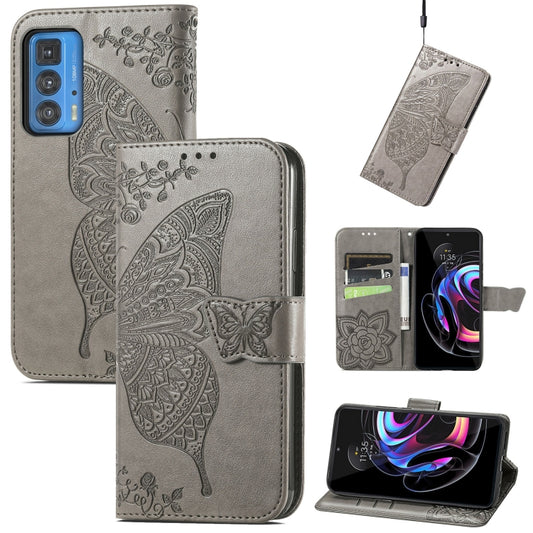 Butterfly Love Flowers Embossed Horizontal Flip Leather Case with Holder & Card Slots & Wallet & Lanyard For Motorola Edge 20 Pro(Gray) - Motorola Cases by buy2fix | Online Shopping UK | buy2fix