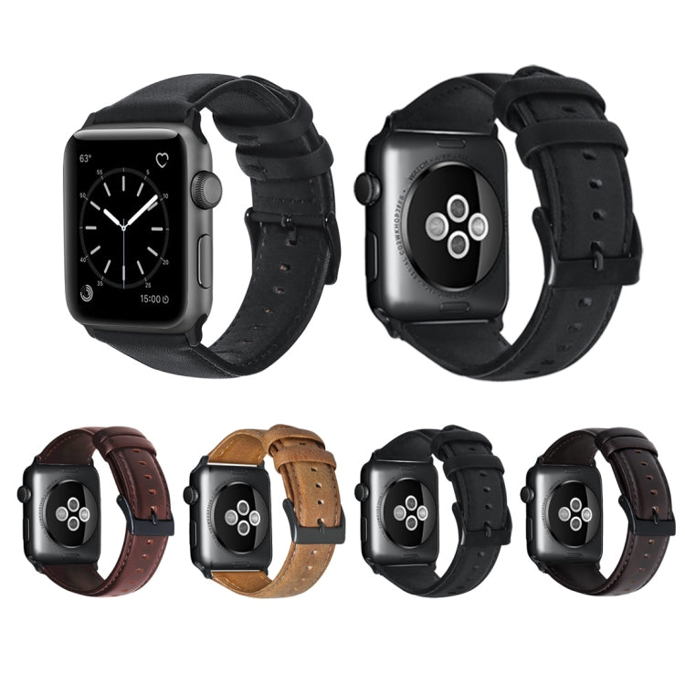 For Apple Watch Series 9&8&7 41mm / SE 3&SE 2&6&SE&5&4 40mm / 3&2&1 38mm Oil Wax Genuine Leather Strap Watch Band(Black) - Watch Bands by buy2fix | Online Shopping UK | buy2fix
