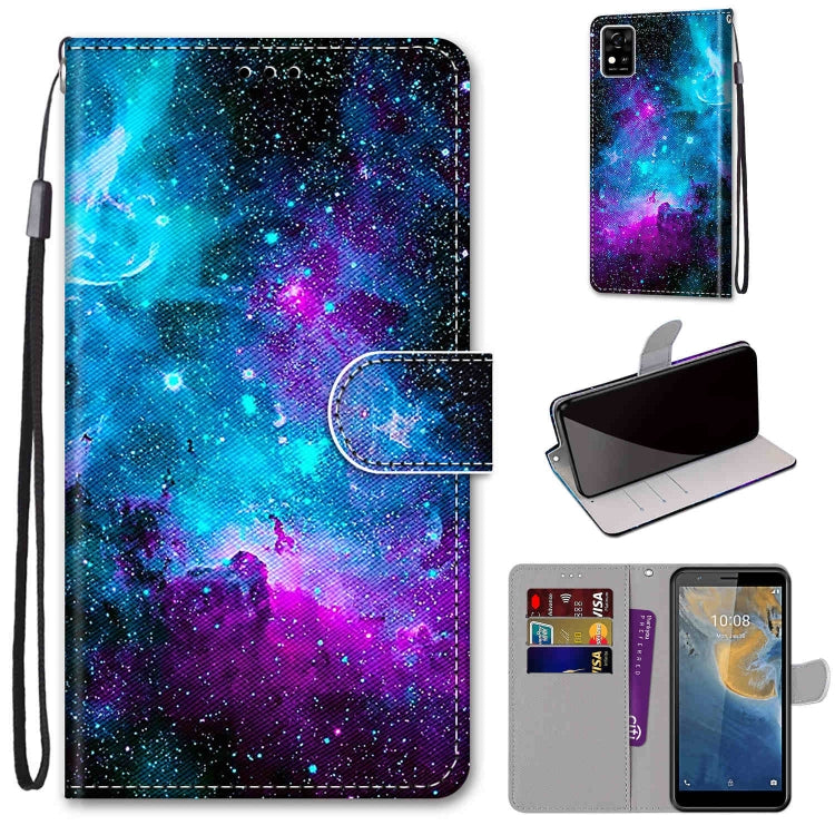 For ZTE Blade A31 Coloured Drawing Cross Texture Horizontal Flip PU Leather Case with Holder & Card Slots & Wallet & Lanyard(Purple Green Starry Sky) - ZTE Cases by buy2fix | Online Shopping UK | buy2fix