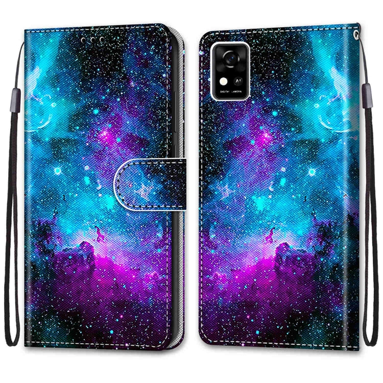 For ZTE Blade A31 Coloured Drawing Cross Texture Horizontal Flip PU Leather Case with Holder & Card Slots & Wallet & Lanyard(Purple Green Starry Sky) - ZTE Cases by buy2fix | Online Shopping UK | buy2fix