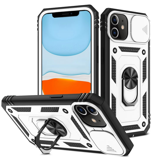 For iPhone 11 Sliding Camera Cover Design TPU + PC Protective Case with 360 Degree Rotating Holder & Card Slot (White+Black) - iPhone 11 Cases by buy2fix | Online Shopping UK | buy2fix