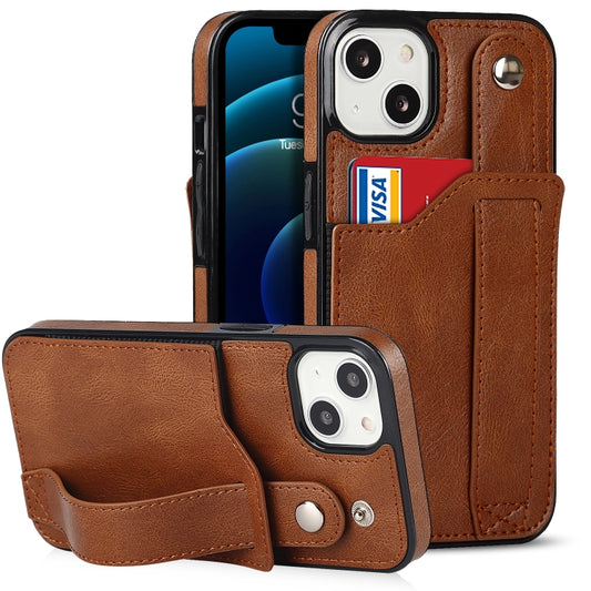 For iPhone 13 mini Crazy Horse Texture Shockproof TPU + PU Leather Case with Card Slot & Wrist Strap Holder (Brown) - iPhone 13 mini Cases by buy2fix | Online Shopping UK | buy2fix