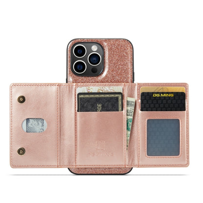 For iPhone 14 Pro Max DG.MING M3 Series Glitter Powder Card Bag Leather Case(Rose Gold) - iPhone 14 Pro Max Cases by DG.MING | Online Shopping UK | buy2fix