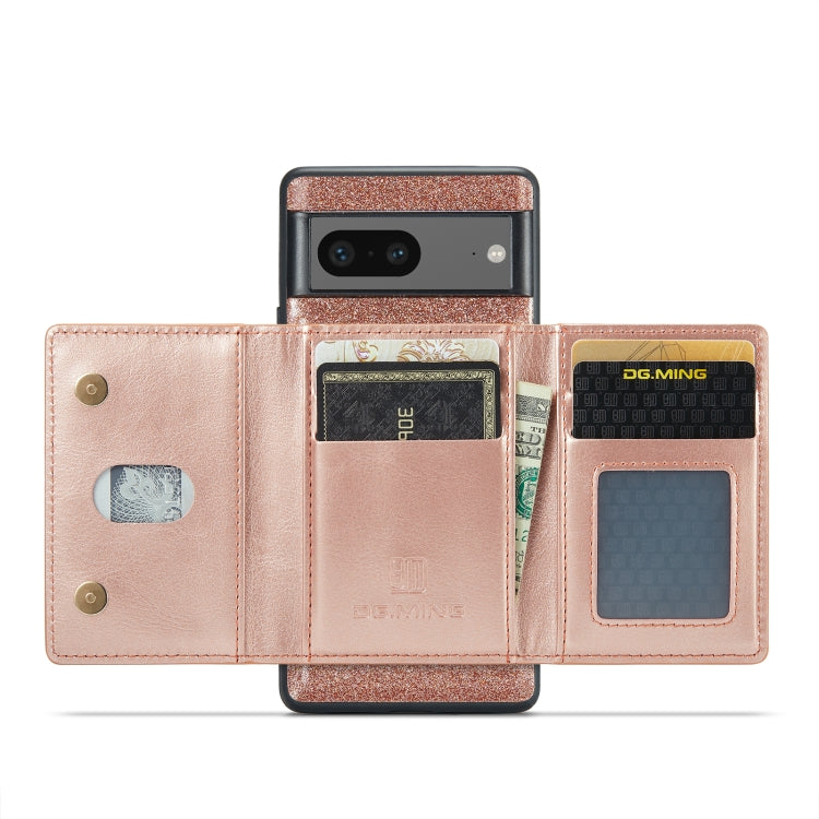 For Google Pixel 7 DG.MING M3 Series Glitter Powder Card Bag Leather Case(Rose Gold) - Google Cases by DG.MING | Online Shopping UK | buy2fix