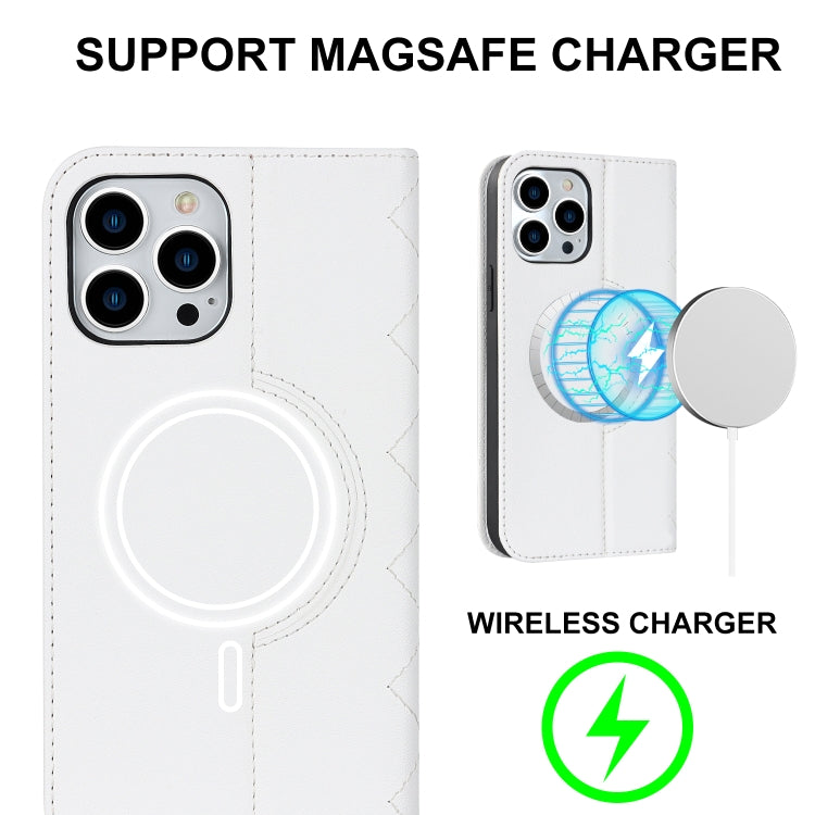 For iPhone 14 Pro Rhombic MagSafe RFID Anti-Theft Wallet Leather Phone Case(White) - iPhone 14 Pro Cases by buy2fix | Online Shopping UK | buy2fix