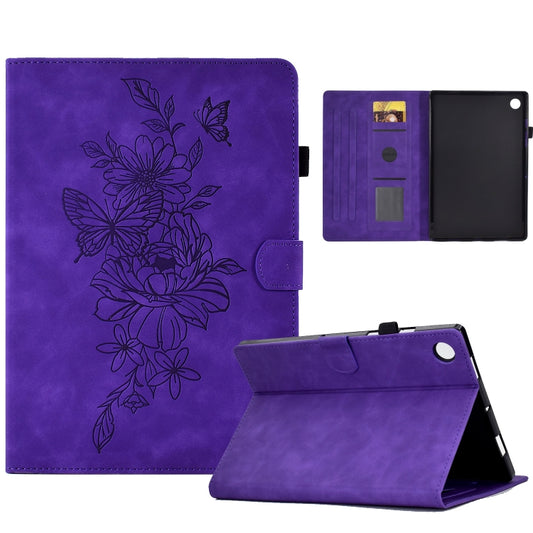 For Samsung Galaxy Tab A8 10.5 2021 X205 Peony Butterfly Embossed Leather Smart Tablet Case(Purple) - Other Galaxy Tab PC by buy2fix | Online Shopping UK | buy2fix