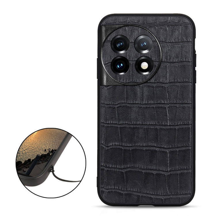 For OnePlus 11 5G Accurate Hole Crocodile Texture Genuine Leather Phone Case(Black) - OnePlus Cases by buy2fix | Online Shopping UK | buy2fix