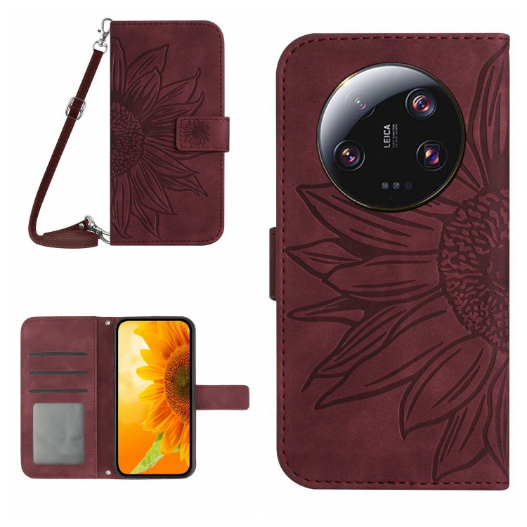 For Xiaomi 14 Ultra Skin Feel Sun Flower Embossed Flip Leather Phone Case with Lanyard(Wine Red) - 14 Ultra Cases by buy2fix | Online Shopping UK | buy2fix