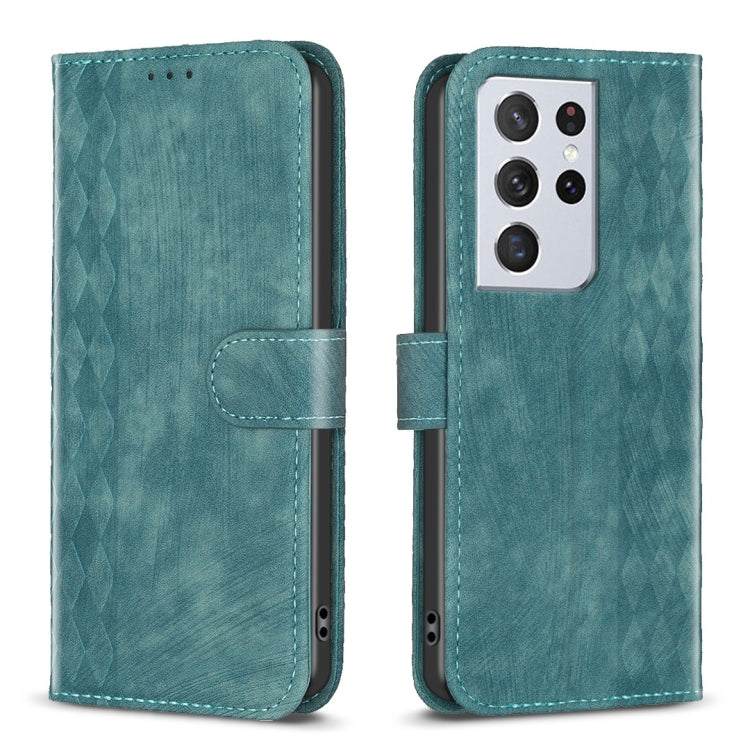 For Samsung Galaxy S21 Ultra 5G Plaid Embossed Leather Phone Case(Green) - Galaxy S21 Ultra 5G Cases by buy2fix | Online Shopping UK | buy2fix