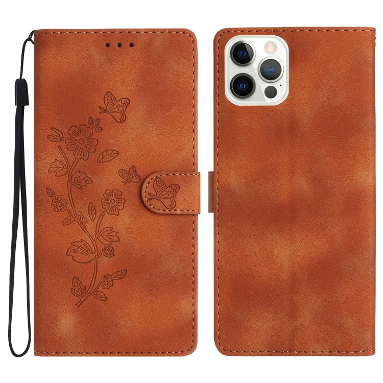 For iPhone 16 Pro Max Flower Butterfly Embossing Pattern Leather Phone Case(Brown) - iPhone 16 Pro Max Cases by buy2fix | Online Shopping UK | buy2fix