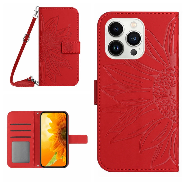 For iPhone 16 Pro Max Skin Feel Sun Flower Embossed Flip Leather Phone Case with Lanyard(Red) - iPhone 16 Pro Max Cases by buy2fix | Online Shopping UK | buy2fix