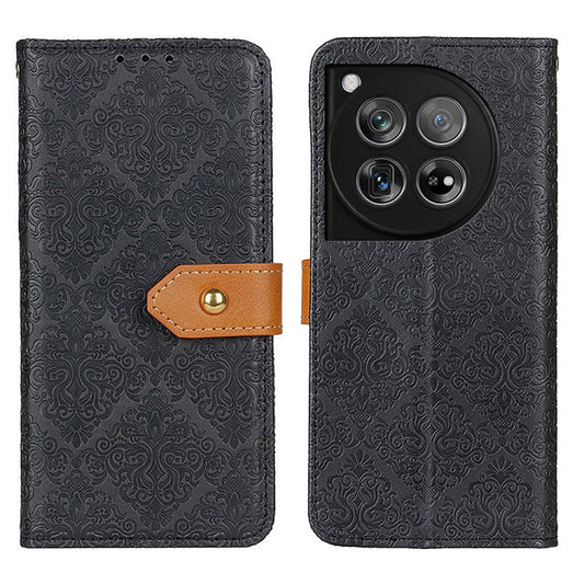 For OnePlus 12 European Floral Embossed Flip Leather Phone Case(Black) - OnePlus Cases by buy2fix | Online Shopping UK | buy2fix