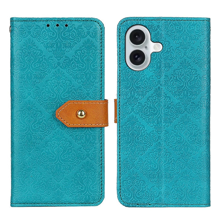 For iPhone 16 European Floral Embossed Leather Phone Case(Blue) - iPhone 16 Cases by buy2fix | Online Shopping UK | buy2fix