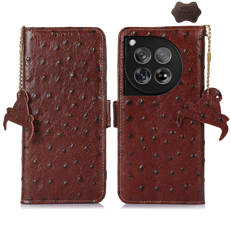 For OnePlus 12 Ostrich Pattern Genuine Leather RFID Phone Case(Coffee) - OnePlus Cases by buy2fix | Online Shopping UK | buy2fix