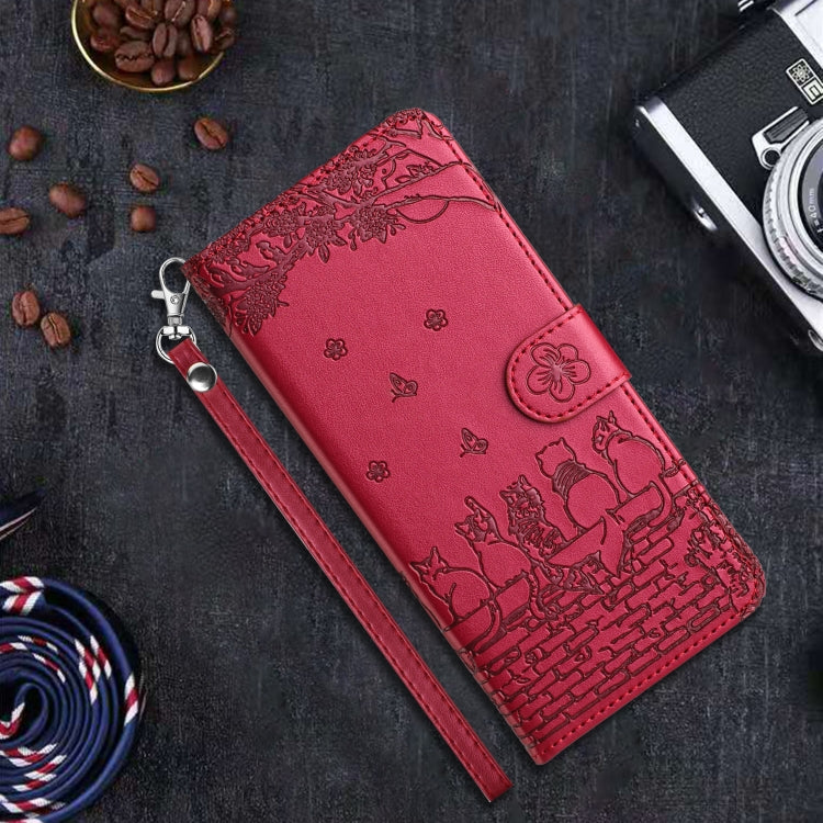 For iPhone 16 Pro Max Cat Embossing Pattern Leather Phone Case with Lanyard(Red) - iPhone 16 Pro Max Cases by buy2fix | Online Shopping UK | buy2fix