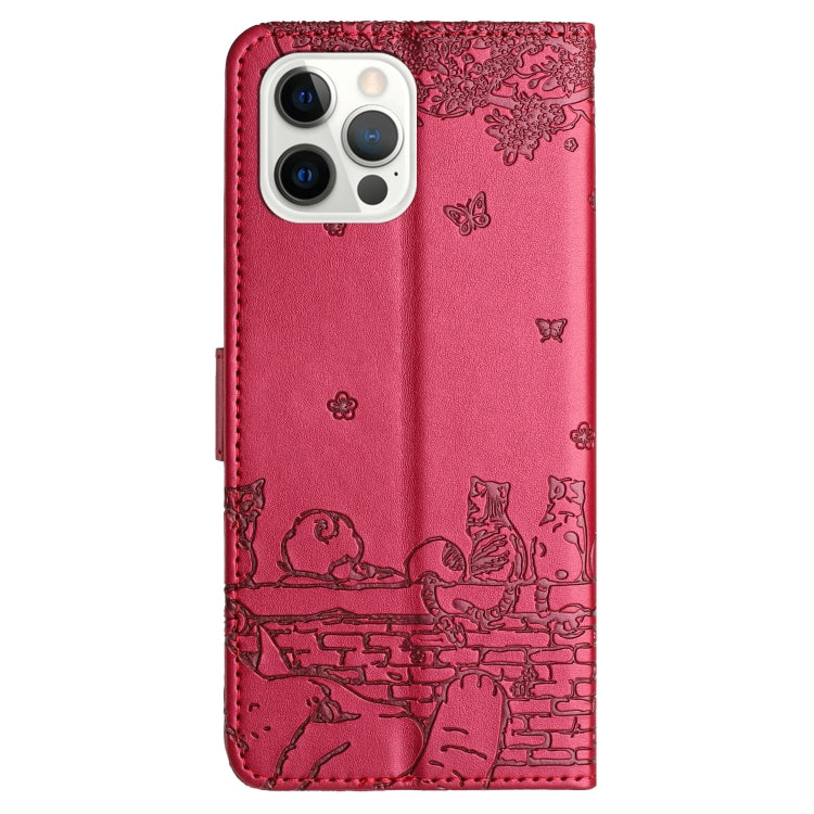 For iPhone 16 Pro Cat Embossing Pattern Leather Phone Case with Lanyard(Red) - iPhone 16 Pro Cases by buy2fix | Online Shopping UK | buy2fix