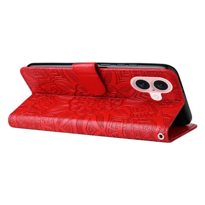 For iPhone 16 Embossed Sunflower Leather Phone Case(Red) - iPhone 16 Cases by buy2fix | Online Shopping UK | buy2fix