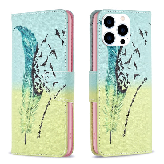 For iPhone 16 Pro Max Colored Drawing Pattern Leather Phone Case(Feather) - iPhone 16 Pro Max Cases by buy2fix | Online Shopping UK | buy2fix