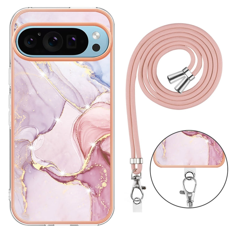 For Google Pixel 9 / 9 Pro Electroplating Marble Dual-side IMD Phone Case with Lanyard(Rose Gold 005) - Google Cases by buy2fix | Online Shopping UK | buy2fix