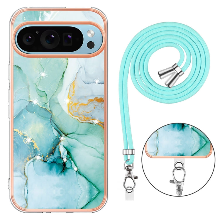 For Google Pixel 9 Pro XL Electroplating Marble Dual-side IMD Phone Case with Lanyard(Green 003) - Google Cases by buy2fix | Online Shopping UK | buy2fix