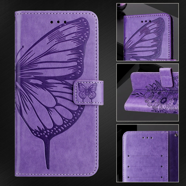 For iPhone 16 Embossed Butterfly Leather Phone Case(Light Purple) - iPhone 16 Cases by buy2fix | Online Shopping UK | buy2fix