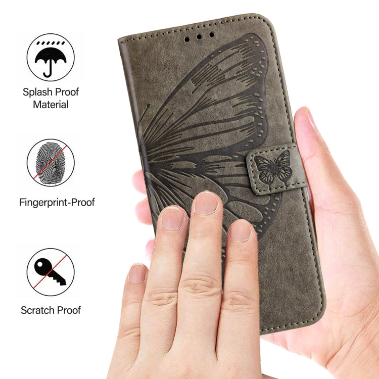 For iPhone 16 Embossed Butterfly Leather Phone Case(Grey) - iPhone 16 Cases by buy2fix | Online Shopping UK | buy2fix