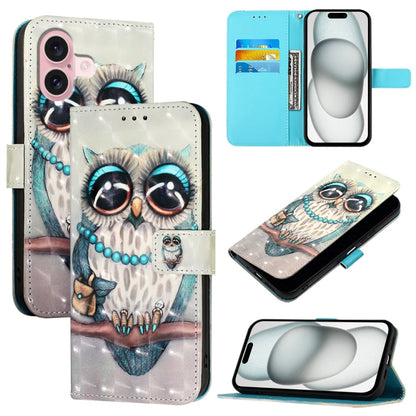 For iPhone 16 3D Painting Horizontal Flip Leather Phone Case(Grey Owl) - iPhone 16 Cases by buy2fix | Online Shopping UK | buy2fix