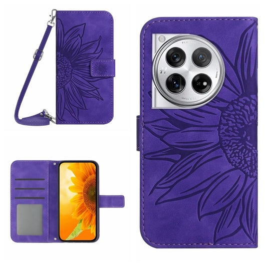 For OnePlus 12 5G Global Skin Feel Sun Flower Embossed Leather Phone Case with Lanyard(Dark Purple) - OnePlus Cases by buy2fix | Online Shopping UK | buy2fix