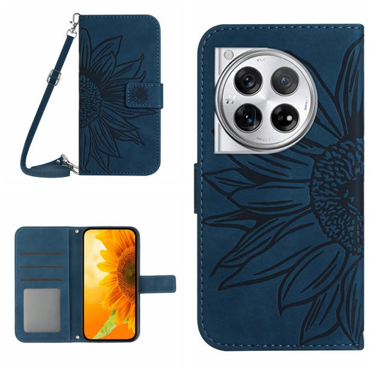 For OnePlus 12 5G Global Skin Feel Sun Flower Embossed Leather Phone Case with Lanyard(Inky Blue) - OnePlus Cases by buy2fix | Online Shopping UK | buy2fix