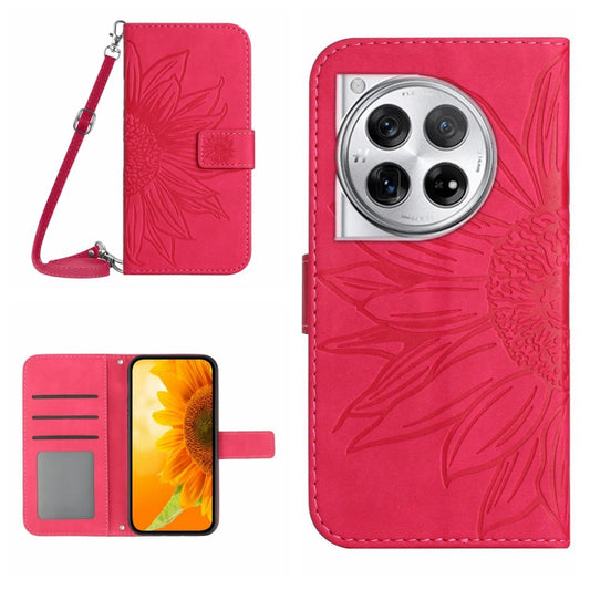 For OnePlus 12 5G Global Skin Feel Sun Flower Embossed Leather Phone Case with Lanyard(Rose Red) - OnePlus Cases by buy2fix | Online Shopping UK | buy2fix