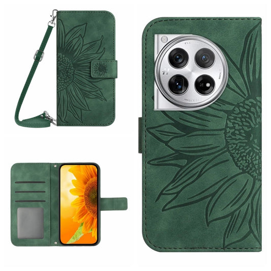 For OnePlus 12 5G Global Skin Feel Sun Flower Embossed Leather Phone Case with Lanyard(Green) - OnePlus Cases by buy2fix | Online Shopping UK | buy2fix