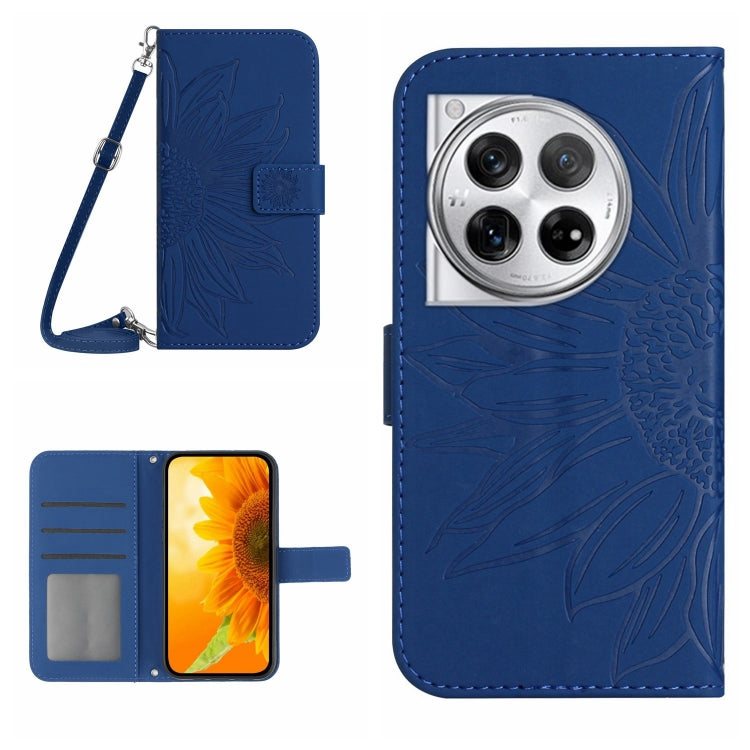 For OnePlus 12 5G Global Skin Feel Sun Flower Embossed Leather Phone Case with Lanyard(Dark Blue) - OnePlus Cases by buy2fix | Online Shopping UK | buy2fix