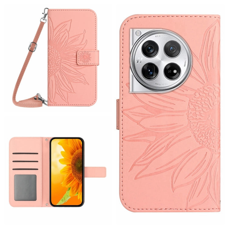 For OnePlus 12 5G Global Skin Feel Sun Flower Embossed Leather Phone Case with Lanyard(Pink) - OnePlus Cases by buy2fix | Online Shopping UK | buy2fix