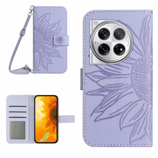 For OnePlus 12 5G Global Skin Feel Sun Flower Embossed Leather Phone Case with Lanyard(Purple) - OnePlus Cases by buy2fix | Online Shopping UK | buy2fix