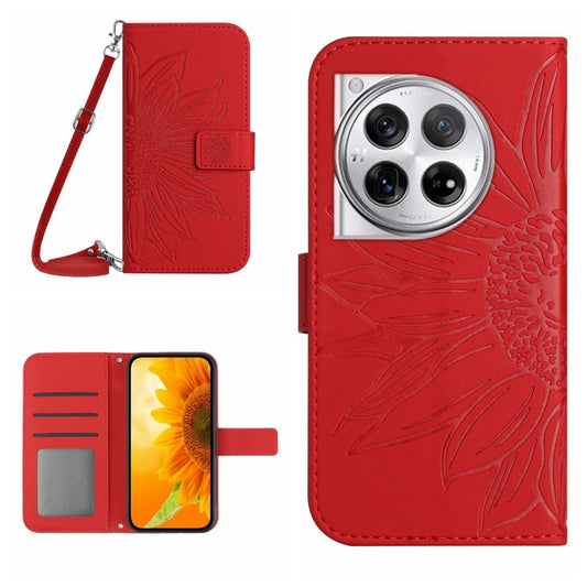 For OnePlus 12 5G Global Skin Feel Sun Flower Embossed Leather Phone Case with Lanyard(Red) - OnePlus Cases by buy2fix | Online Shopping UK | buy2fix