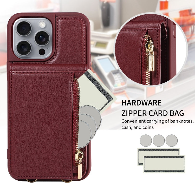 For iPhone 16 Pro Max Crossbody Lanyard Zipper Wallet Leather Phone Case(Wine Red) - iPhone 16 Pro Max Cases by buy2fix | Online Shopping UK | buy2fix