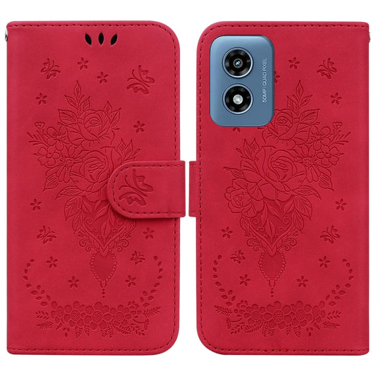 For Motorola Moto G Play 4G 2024 Butterfly Rose Embossed Leather Phone Case(Red) - Motorola Cases by buy2fix | Online Shopping UK | buy2fix