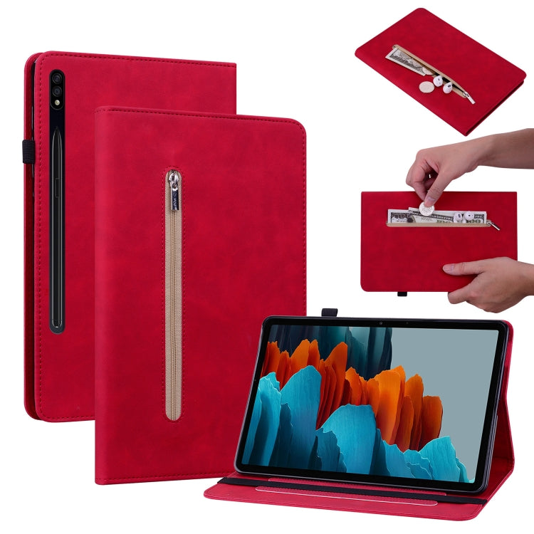 For Samsung Galaxy Tab S9 Skin Feel Solid Color Zipper Leather Tablet Case(Red) - Galaxy Tab S9 Cases by buy2fix | Online Shopping UK | buy2fix