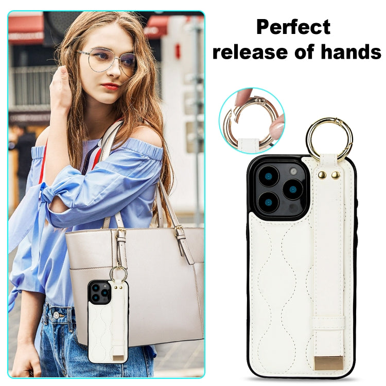 For iPhone 16 Pro Max Non-slip Full Coverage Ring PU Phone Case with Wristband(White) - iPhone 16 Pro Max Cases by buy2fix | Online Shopping UK | buy2fix