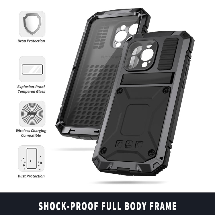 For iPhone 15 Pro Max R-JUST Shockproof Life Waterproof Dust-proof Metal + Silicone Phone Case with Holder(Black) - iPhone 15 Pro Max Cases by R-JUST | Online Shopping UK | buy2fix