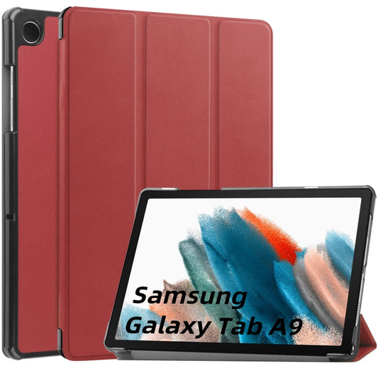 For Samsung Galaxy Tab A9 Custer Pure Color 3-Fold Holder Leather Tablet Case(Wine Red) - Others by buy2fix | Online Shopping UK | buy2fix