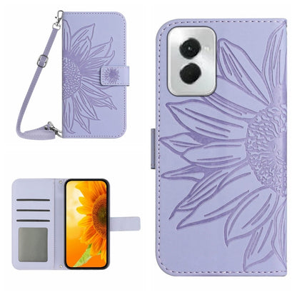 For Motorola Moto G Power 5G 2024 HT04 Skin Feel Sun Flower Embossed Flip Leather Phone Case with Lanyard(Purple) - Motorola Cases by buy2fix | Online Shopping UK | buy2fix