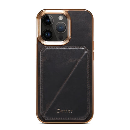 For iPhone 15 Pro Max Denior Oil Wax Leather Electroplating Card Slot Holder Phone Case(Black) - iPhone 15 Pro Max Cases by Denior | Online Shopping UK | buy2fix