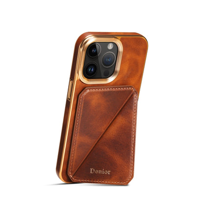 For iPhone 15 Pro Max Denior Oil Wax Leather Electroplating Card Slot Holder Phone Case(Brown) - iPhone 15 Pro Max Cases by Denior | Online Shopping UK | buy2fix