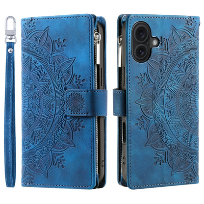 For iPhone 16 Multi-Card Totem Zipper Leather Phone Case(Blue) - iPhone 16 Cases by buy2fix | Online Shopping UK | buy2fix